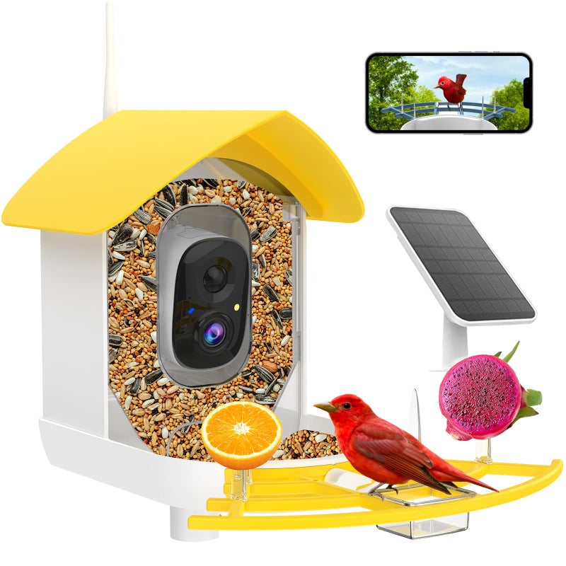 Fazoxo Smart Bird Feeder with Camera, Birds AI Identify, Motion Detection with Real-Time Notice, WiFi FHD Bird Camera, Auto Capture, Solar Powered Outdoor Charging Bird House, IP65 Waterproof,Yellow - Image 1